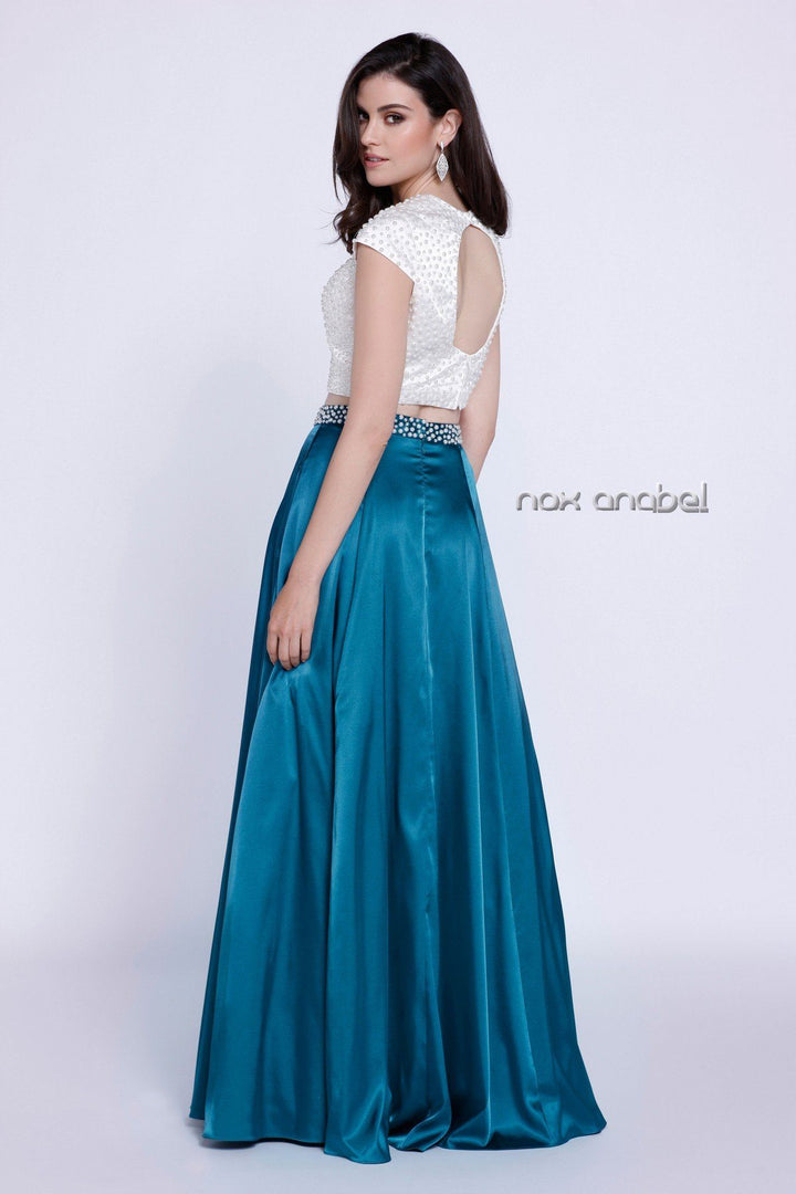 Long Beaded Cap Sleeve Crop Top Dress by Nox Anabel 8228-Long Formal Dresses-ABC Fashion