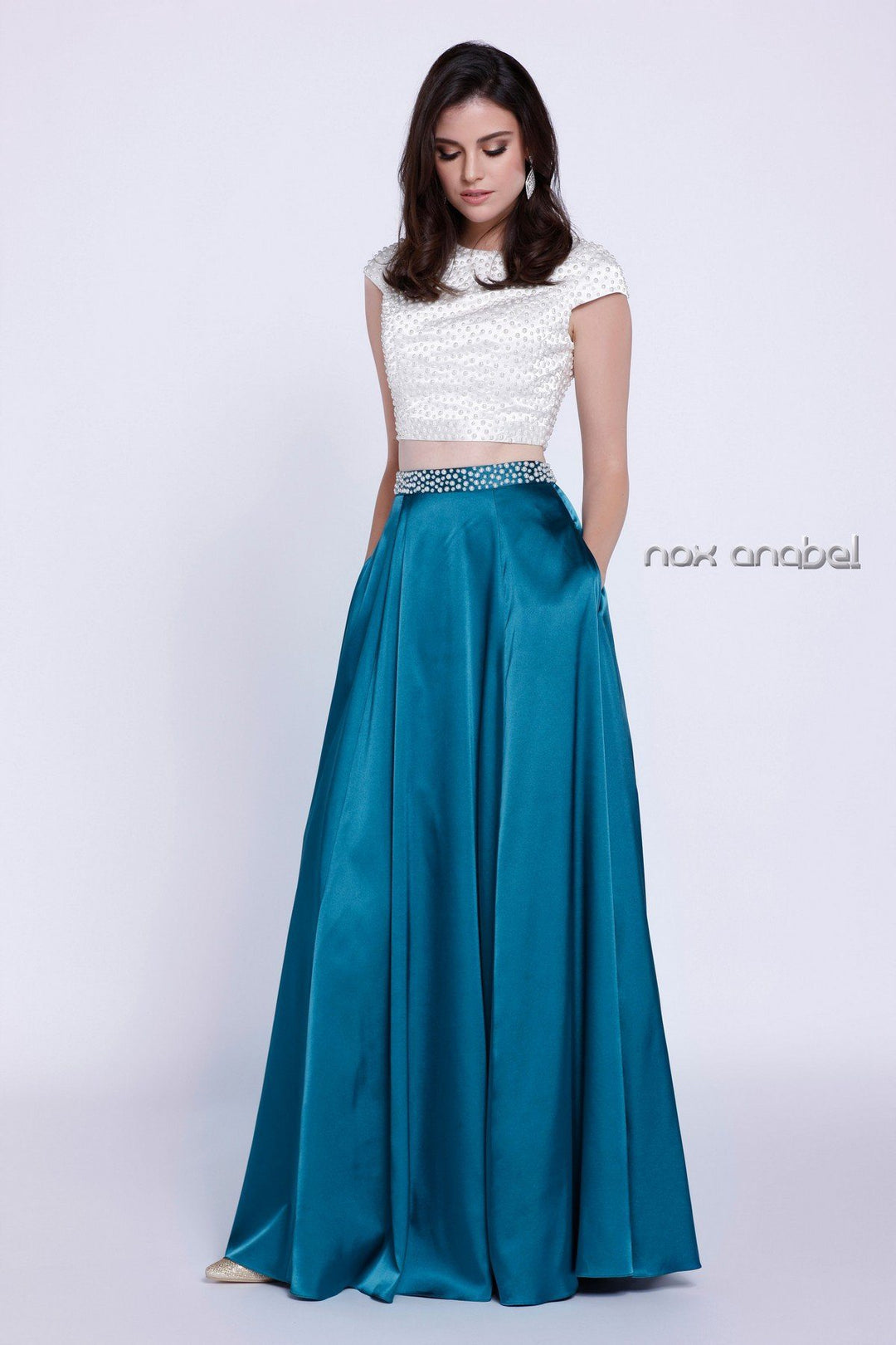 Long Beaded Cap Sleeve Crop Top Dress by Nox Anabel 8228-Long Formal Dresses-ABC Fashion