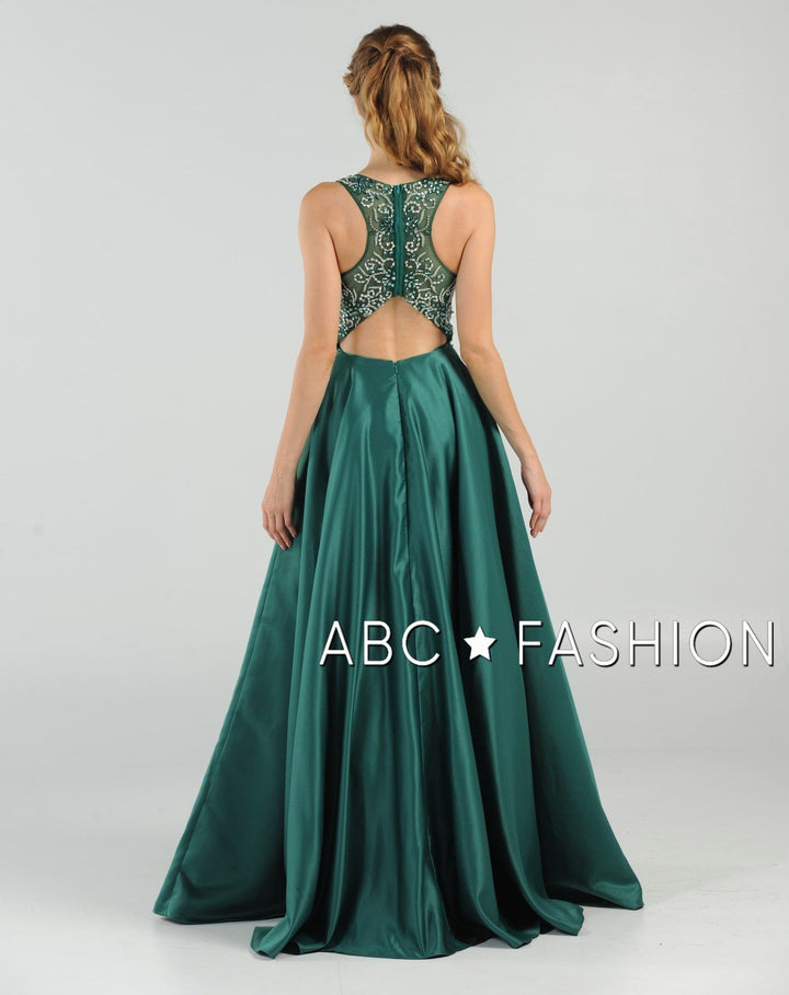Long Beaded Cutout Back Dress with Side Pockets by Poly USA 8082-Long Formal Dresses-ABC Fashion