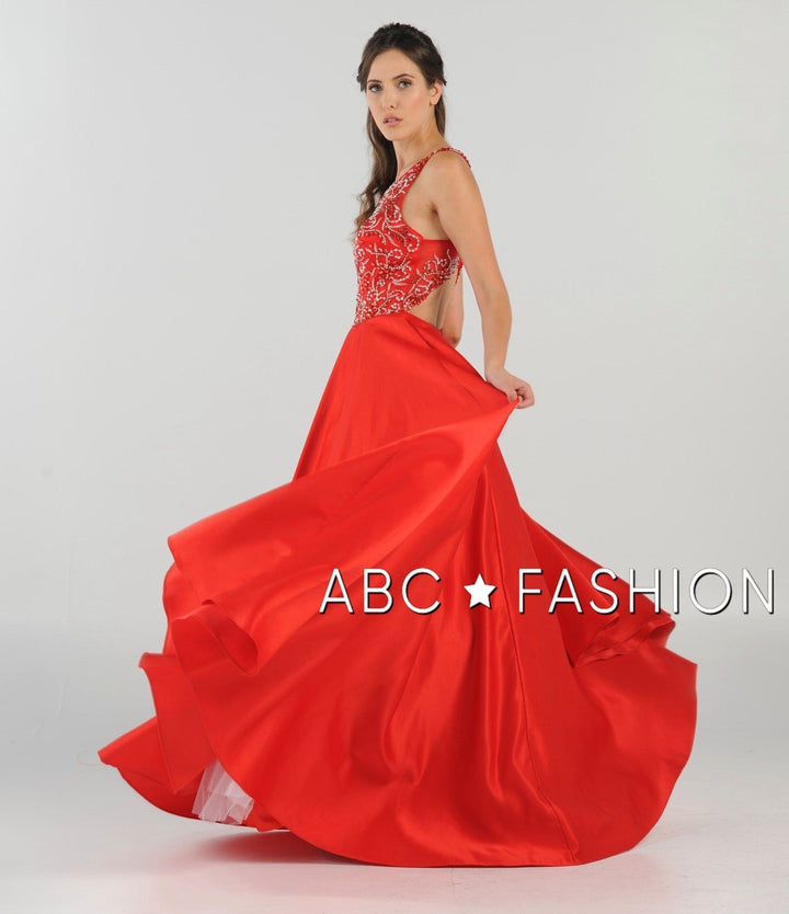 Long Beaded Cutout Back Dress with Side Pockets by Poly USA 8082-Long Formal Dresses-ABC Fashion