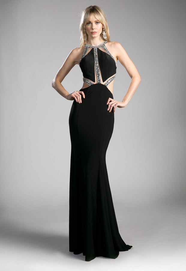 Long Beaded Formal Dress with Cut Outs by Cinderella Divine 62139-Long Formal Dresses-ABC Fashion
