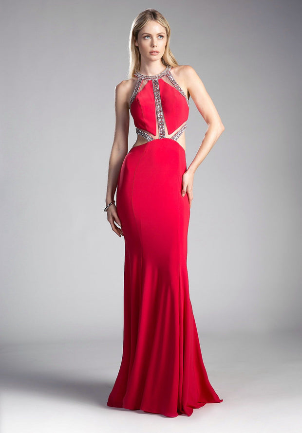 Long Beaded Formal Dress with Cut Outs by Cinderella Divine 62139-Long Formal Dresses-ABC Fashion