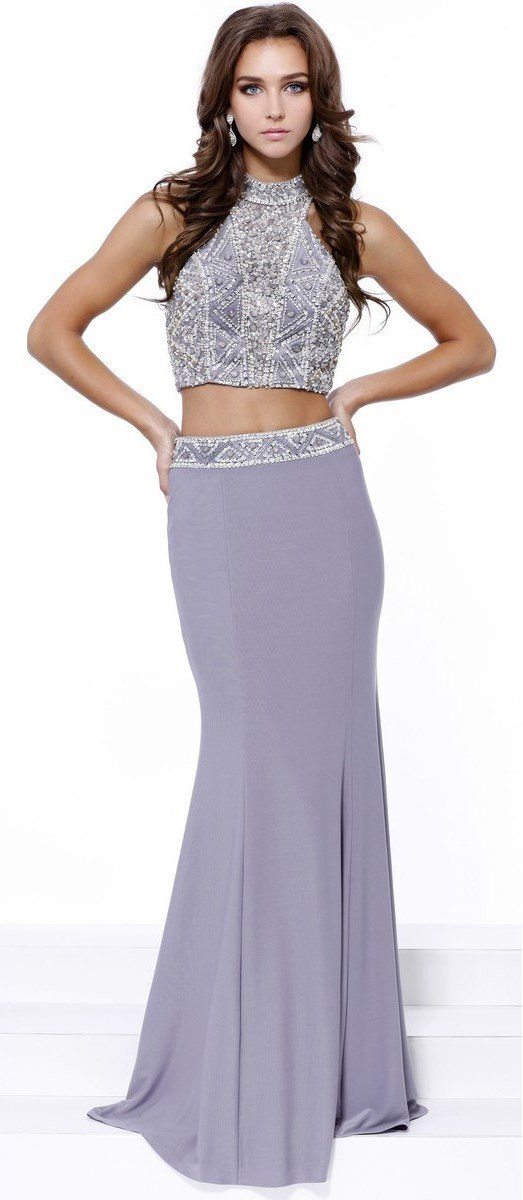 Long Beaded Halter Crop Top Dress by Nox Anabel 8218-Long Formal Dresses-ABC Fashion