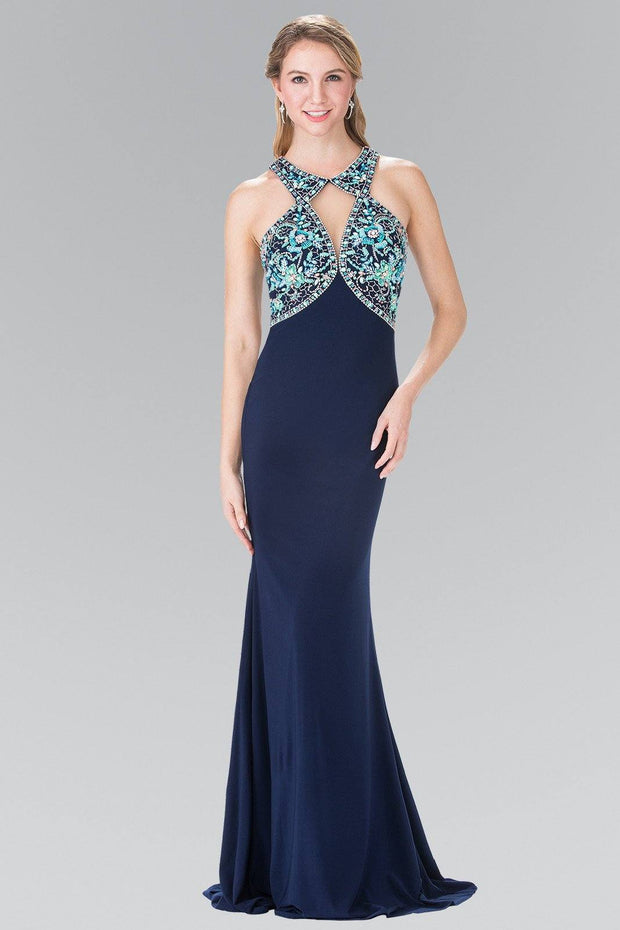 Long Beaded Halter Dress with Cutouts by Elizabeth K GL2355-Long Formal Dresses-ABC Fashion