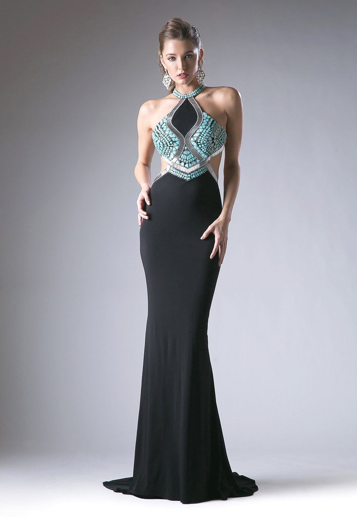 Long Beaded Halter Dress with Open Back by Cinderella Divine 5012-Long Formal Dresses-ABC Fashion