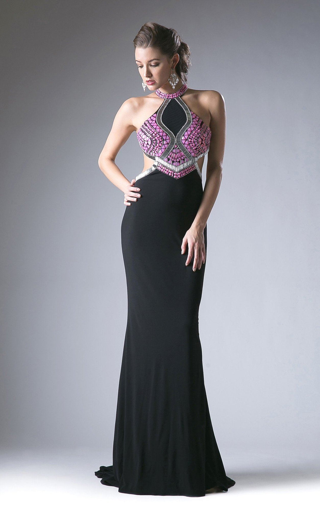 Long Beaded Halter Dress with Open Back by Cinderella Divine 5012-Long Formal Dresses-ABC Fashion