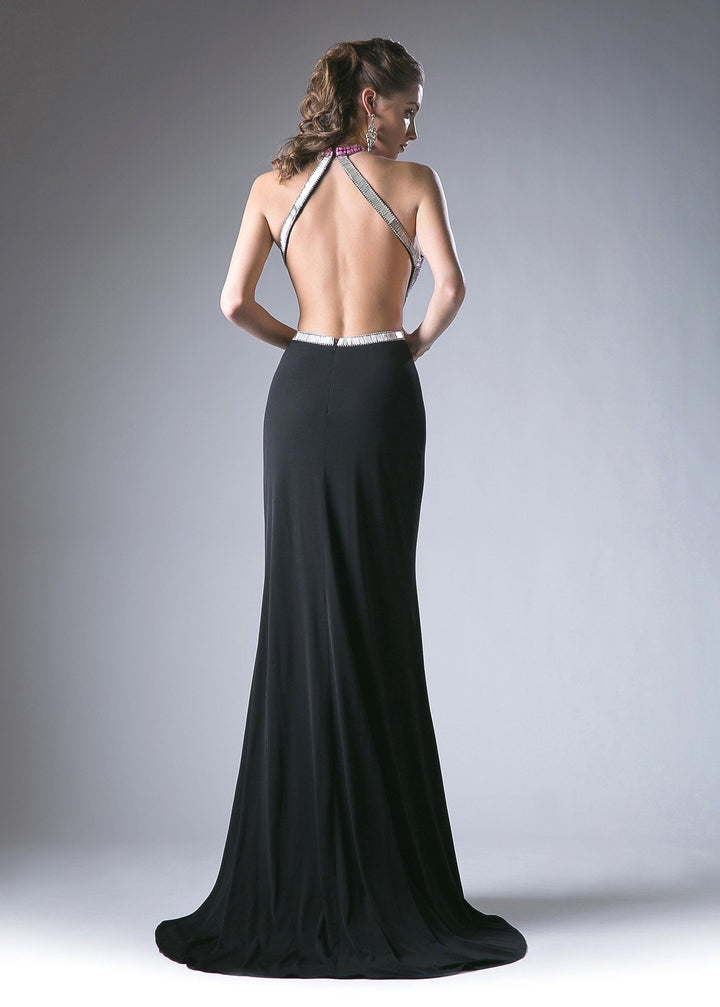 Long Beaded Halter Dress with Open Back by Cinderella Divine 5012-Long Formal Dresses-ABC Fashion