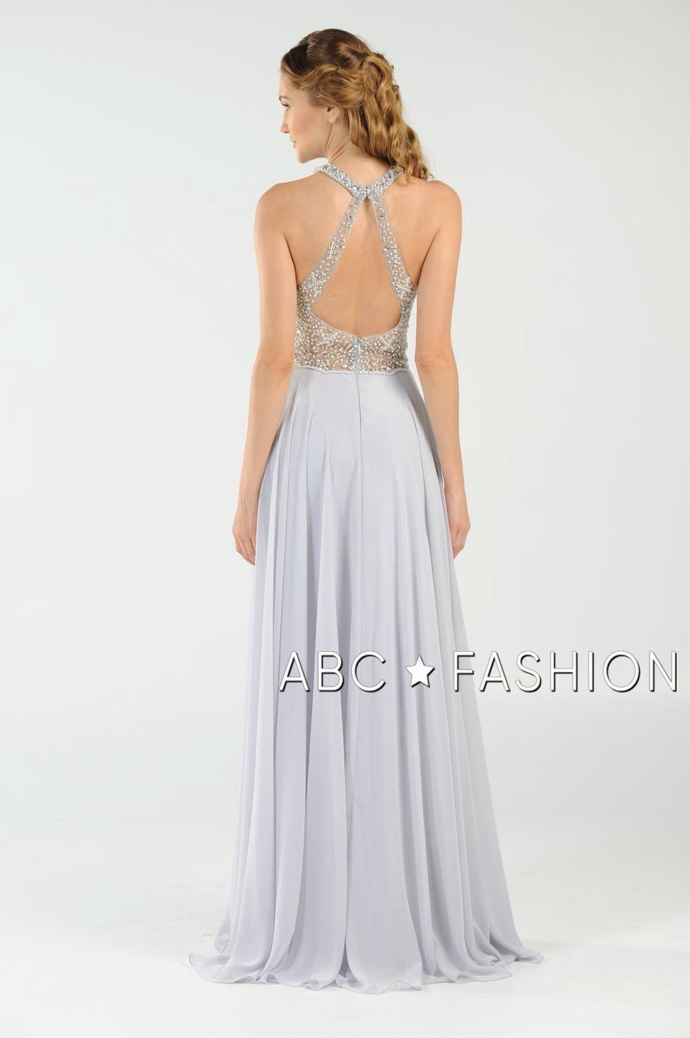 Long Beaded Halter Dress with Sheer Keyhole Bodice by Poly USA 8202-Long Formal Dresses-ABC Fashion