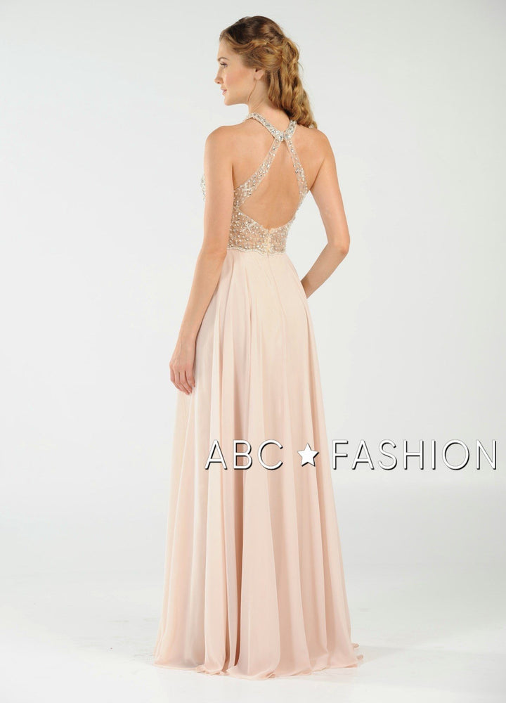 Long Beaded Halter Dress with Sheer Keyhole Bodice by Poly USA 8202-Long Formal Dresses-ABC Fashion