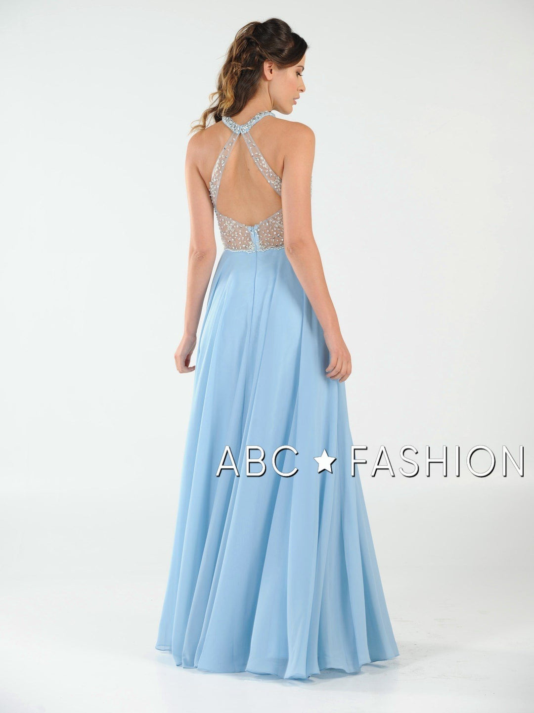 Long Beaded Halter Dress with Sheer Keyhole Bodice by Poly USA 8202-Long Formal Dresses-ABC Fashion