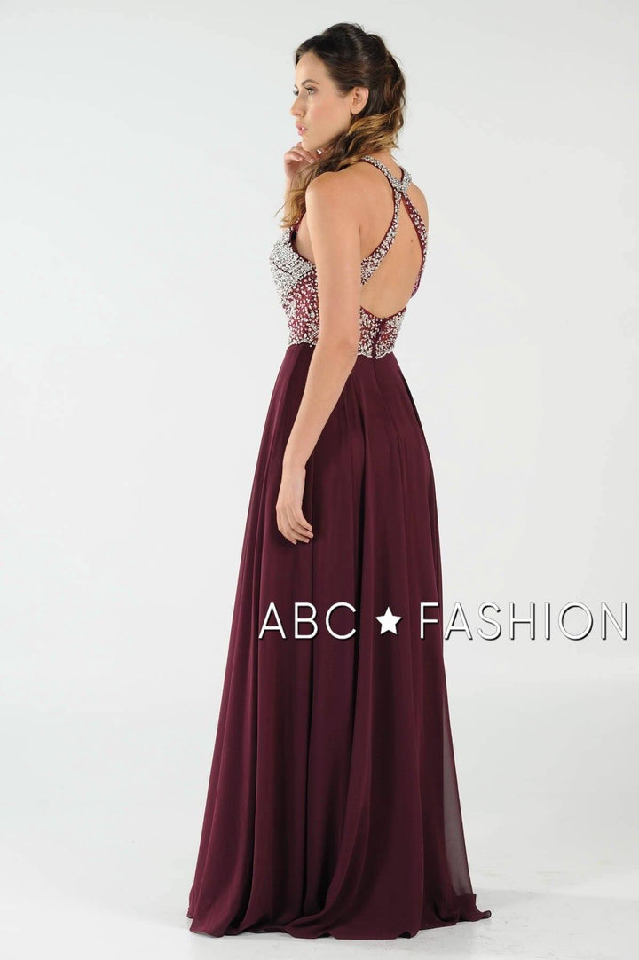 Long Beaded Halter Dress with Sheer Keyhole Bodice by Poly USA 8202-Long Formal Dresses-ABC Fashion