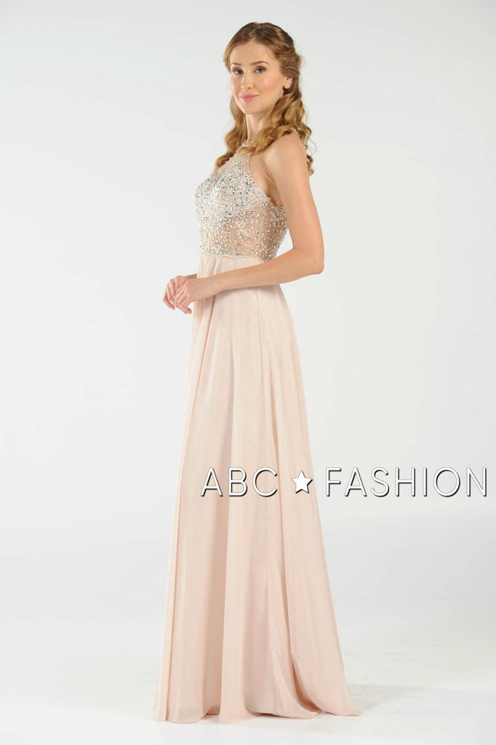 Long Beaded Halter Dress with Sheer Keyhole Bodice by Poly USA 8202-Long Formal Dresses-ABC Fashion