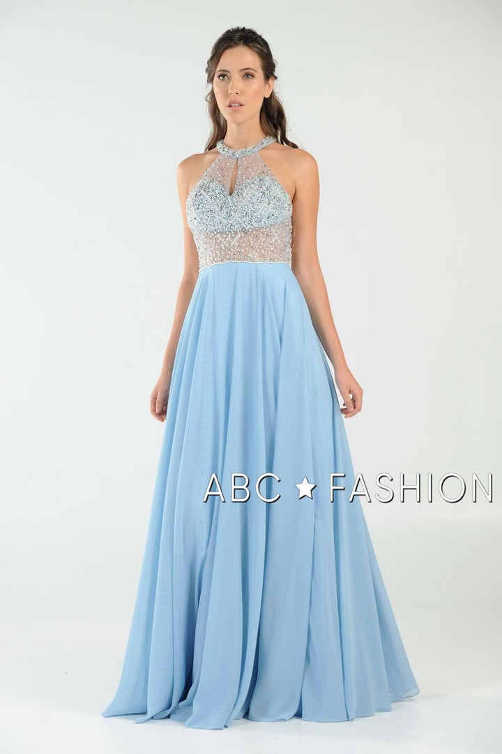 Long Beaded Halter Dress with Sheer Keyhole Bodice by Poly USA 8202-Long Formal Dresses-ABC Fashion