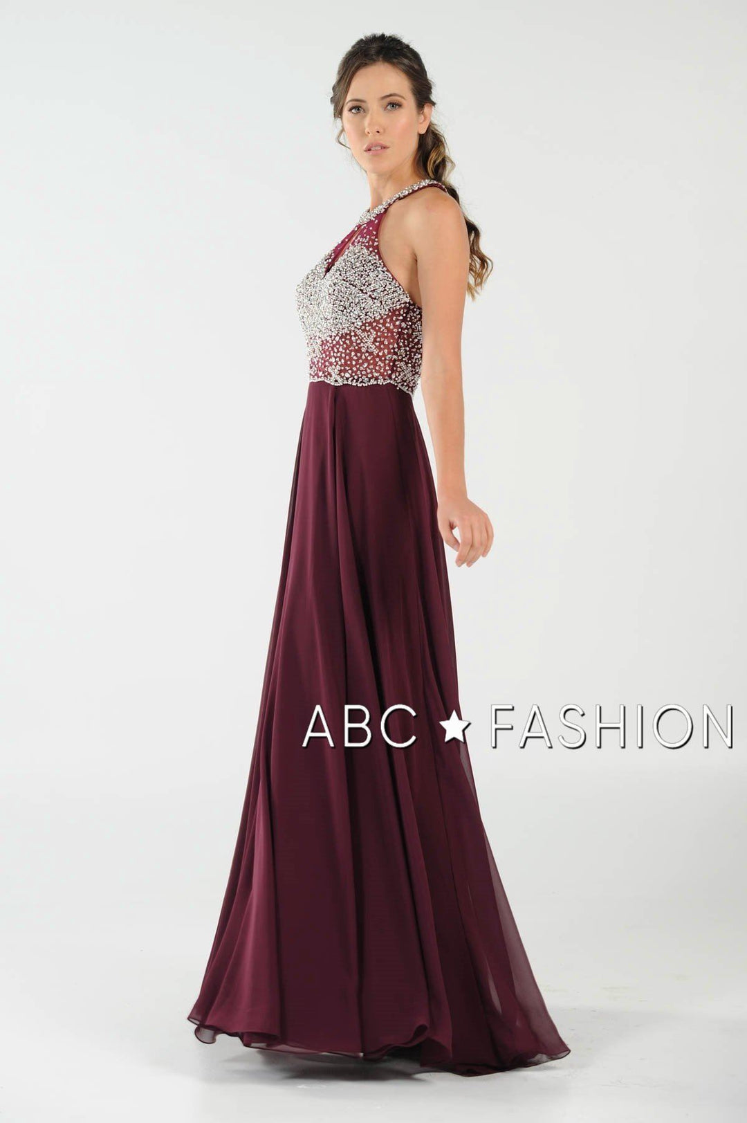 Long Beaded Halter Dress with Sheer Keyhole Bodice by Poly USA 8202-Long Formal Dresses-ABC Fashion