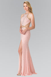 Long Beaded Halter Dress with Slit by Elizabeth K GL2265-Long Formal Dresses-ABC Fashion