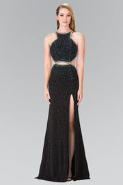 Long Beaded Halter Dress with Slit by Elizabeth K GL2265-Long Formal Dresses-ABC Fashion