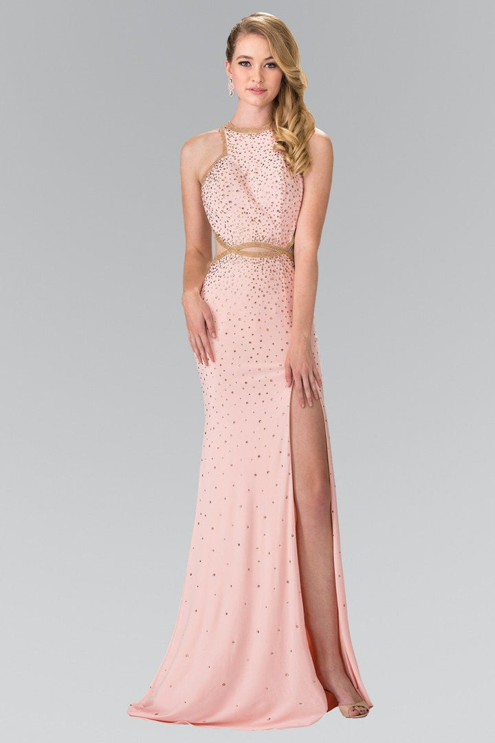 Long Beaded Halter Dress with Slit by Elizabeth K GL2265-Long Formal Dresses-ABC Fashion