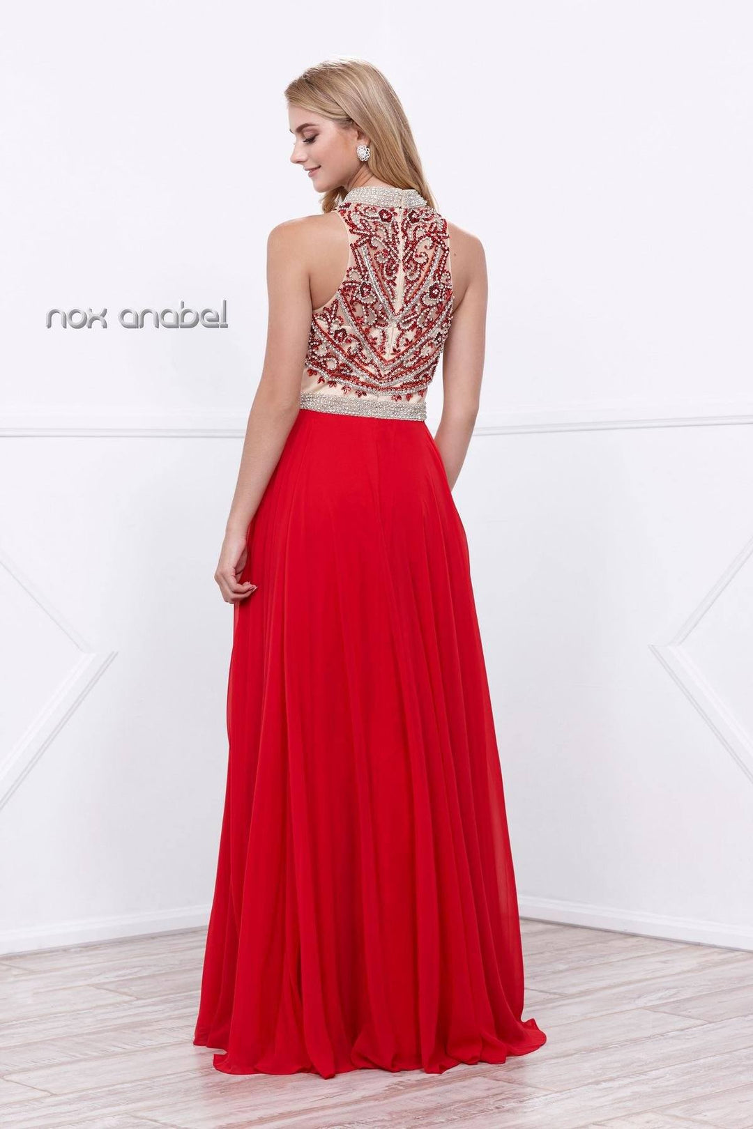 Long Beaded High-Neck Halter Illusion Dress by Nox Anabel 8325-Long Formal Dresses-ABC Fashion