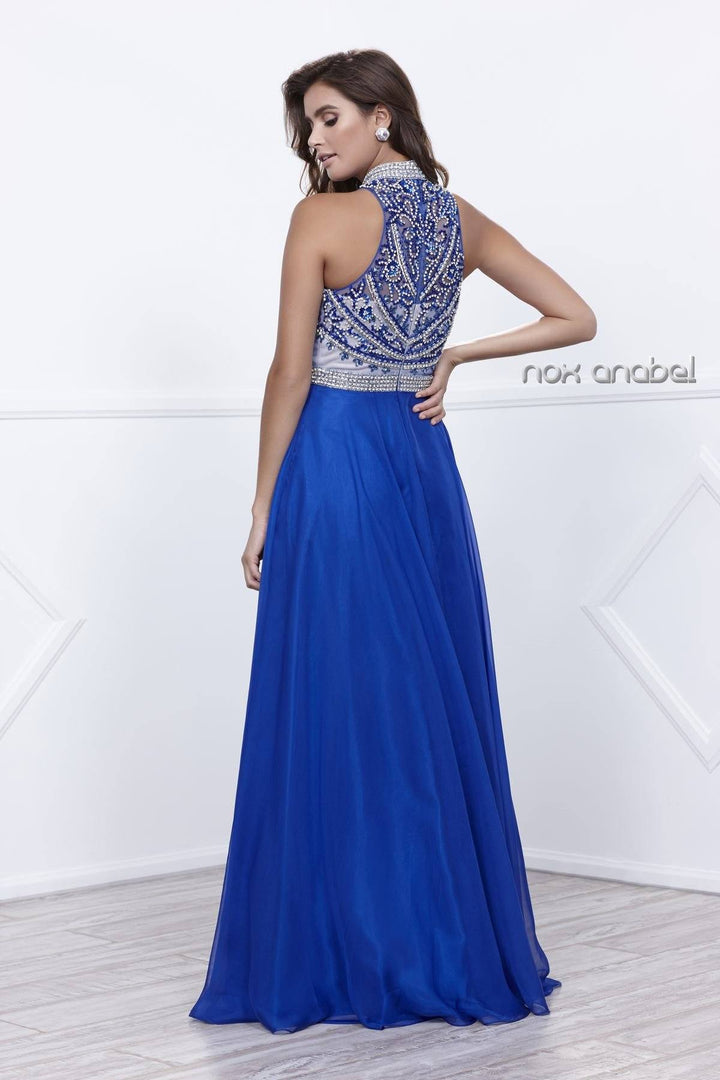 Long Beaded High-Neck Halter Illusion Dress by Nox Anabel 8325-Long Formal Dresses-ABC Fashion