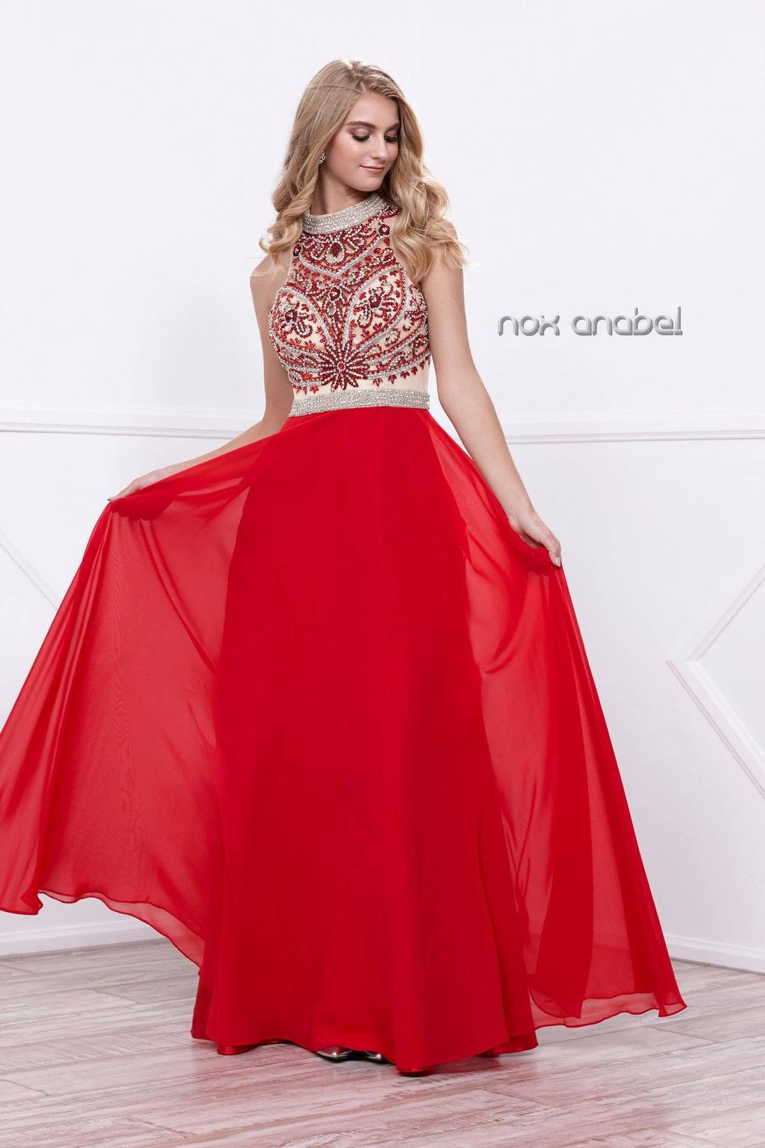 Long Beaded High-Neck Halter Illusion Dress by Nox Anabel 8325-Long Formal Dresses-ABC Fashion