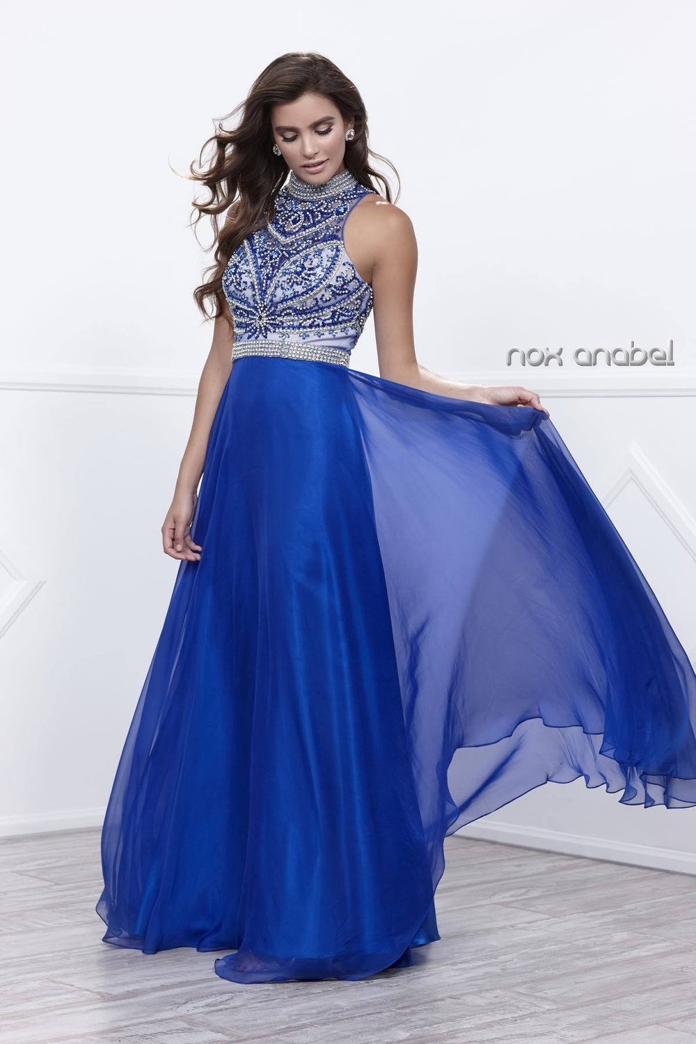 Long Beaded High-Neck Halter Illusion Dress by Nox Anabel 8325-Long Formal Dresses-ABC Fashion