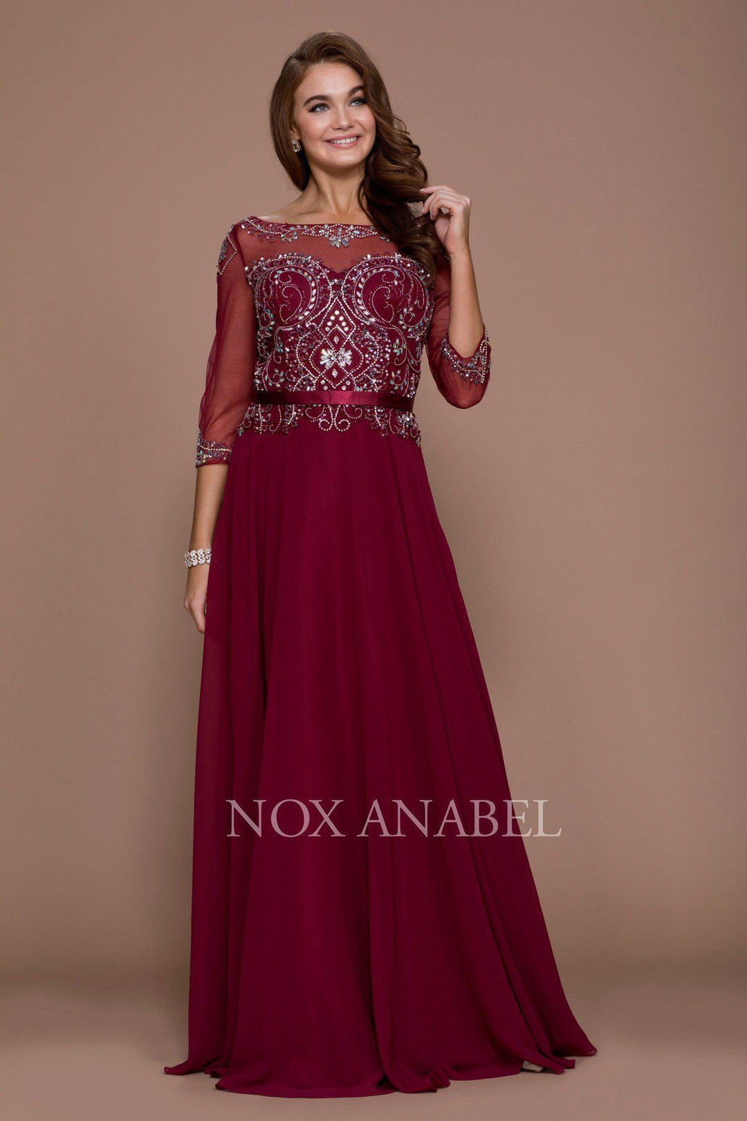 Long Beaded Illusion Dress with Sheer Sleeves by Nox Anabel 5124-Long Formal Dresses-ABC Fashion