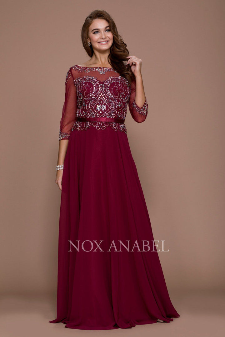 Long Beaded Illusion Dress with Sheer Sleeves by Nox Anabel 5124-Long Formal Dresses-ABC Fashion
