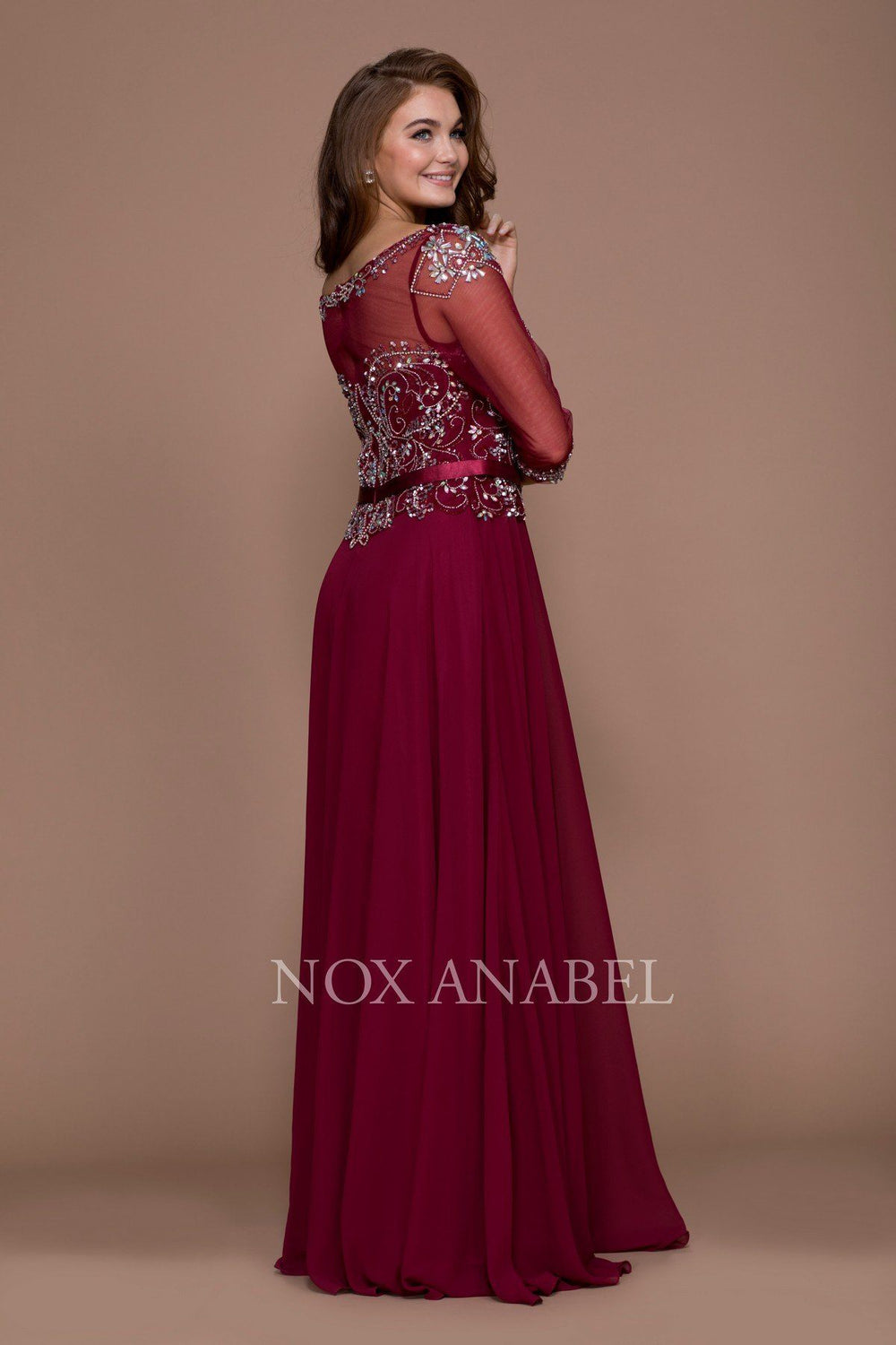 Long Beaded Illusion Dress with Sheer Sleeves by Nox Anabel 5124-Long Formal Dresses-ABC Fashion