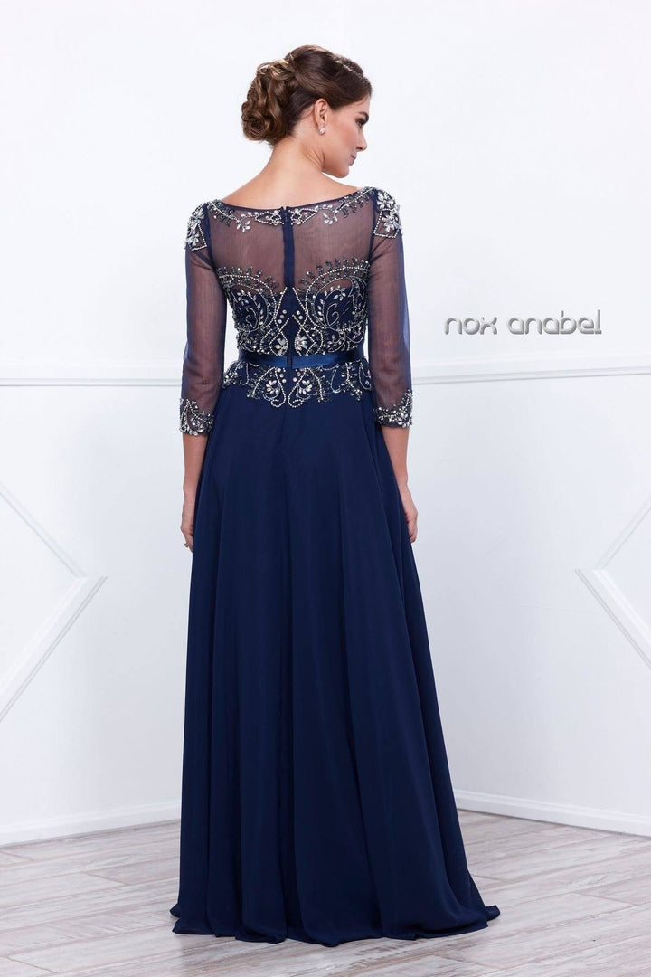 Long Beaded Illusion Dress with Sheer Sleeves by Nox Anabel 5124-Long Formal Dresses-ABC Fashion