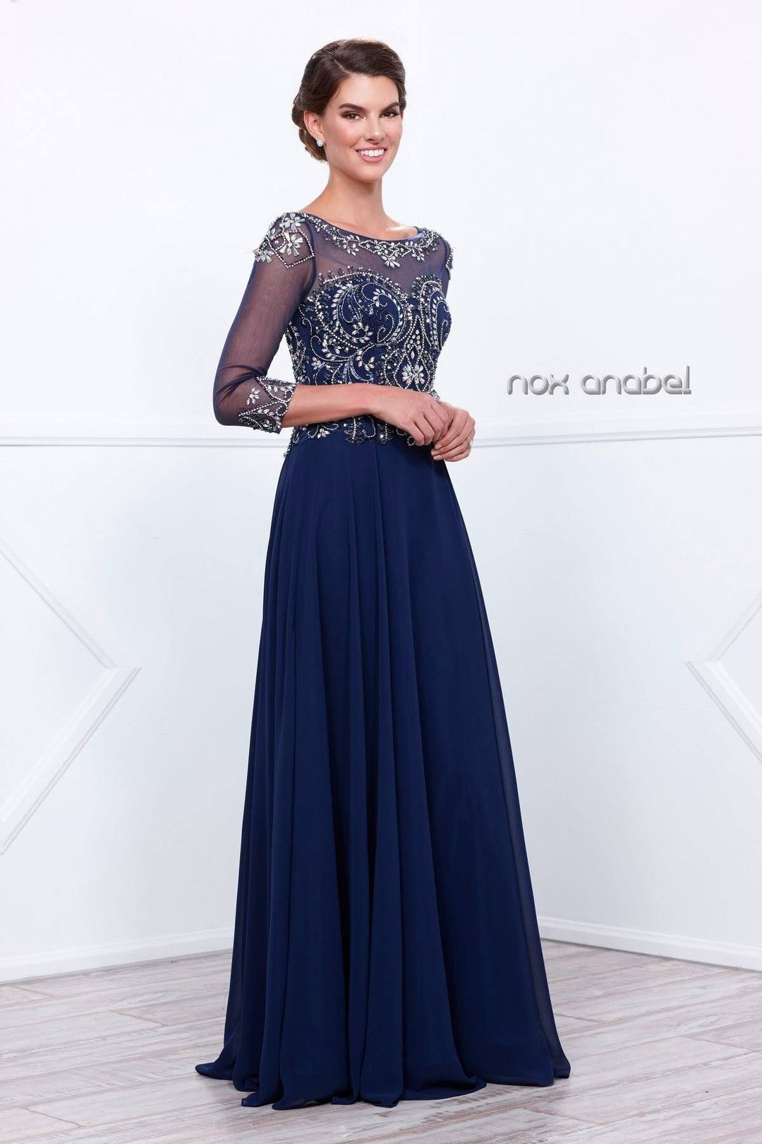 Long Beaded Illusion Dress with Sheer Sleeves by Nox Anabel 5124-Long Formal Dresses-ABC Fashion
