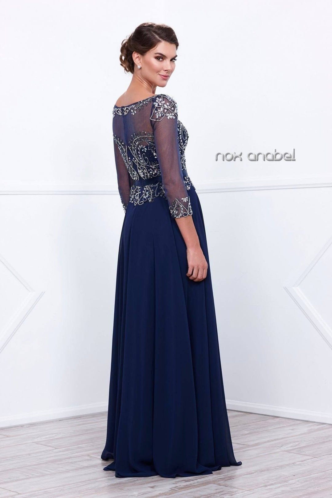Long Beaded Illusion Dress with Sheer Sleeves by Nox Anabel 5124-Long Formal Dresses-ABC Fashion