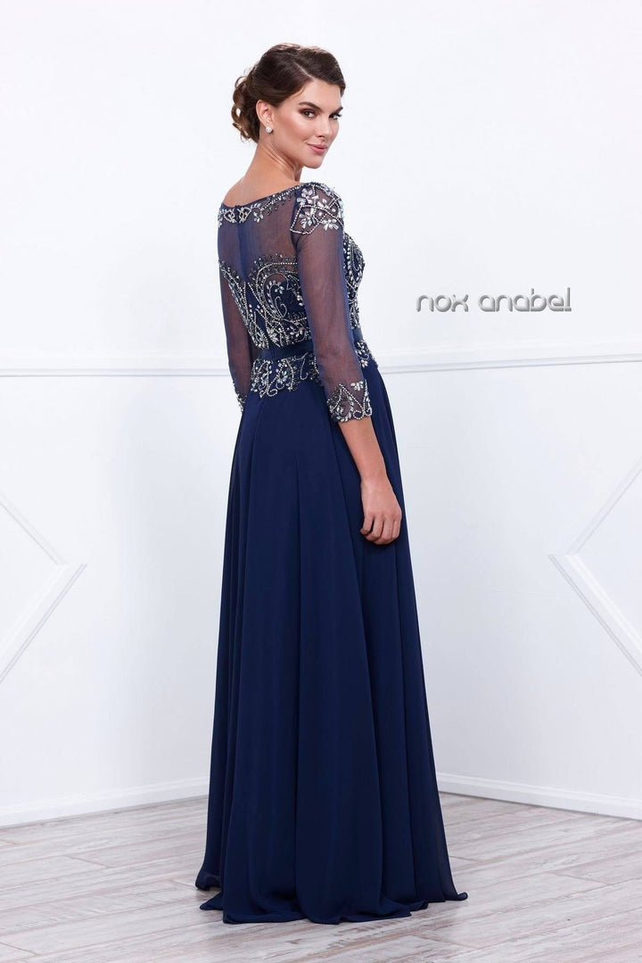 Long Beaded Illusion Dress with Sheer Sleeves by Nox Anabel 5124-Long Formal Dresses-ABC Fashion