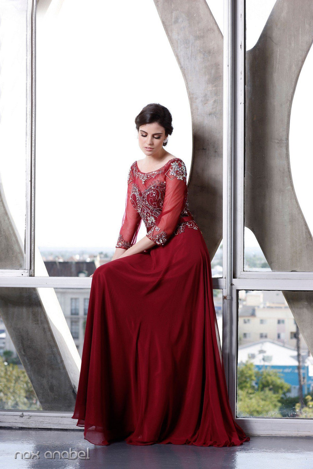 Long Beaded Illusion Dress with Sheer Sleeves by Nox Anabel 5124-Long Formal Dresses-ABC Fashion