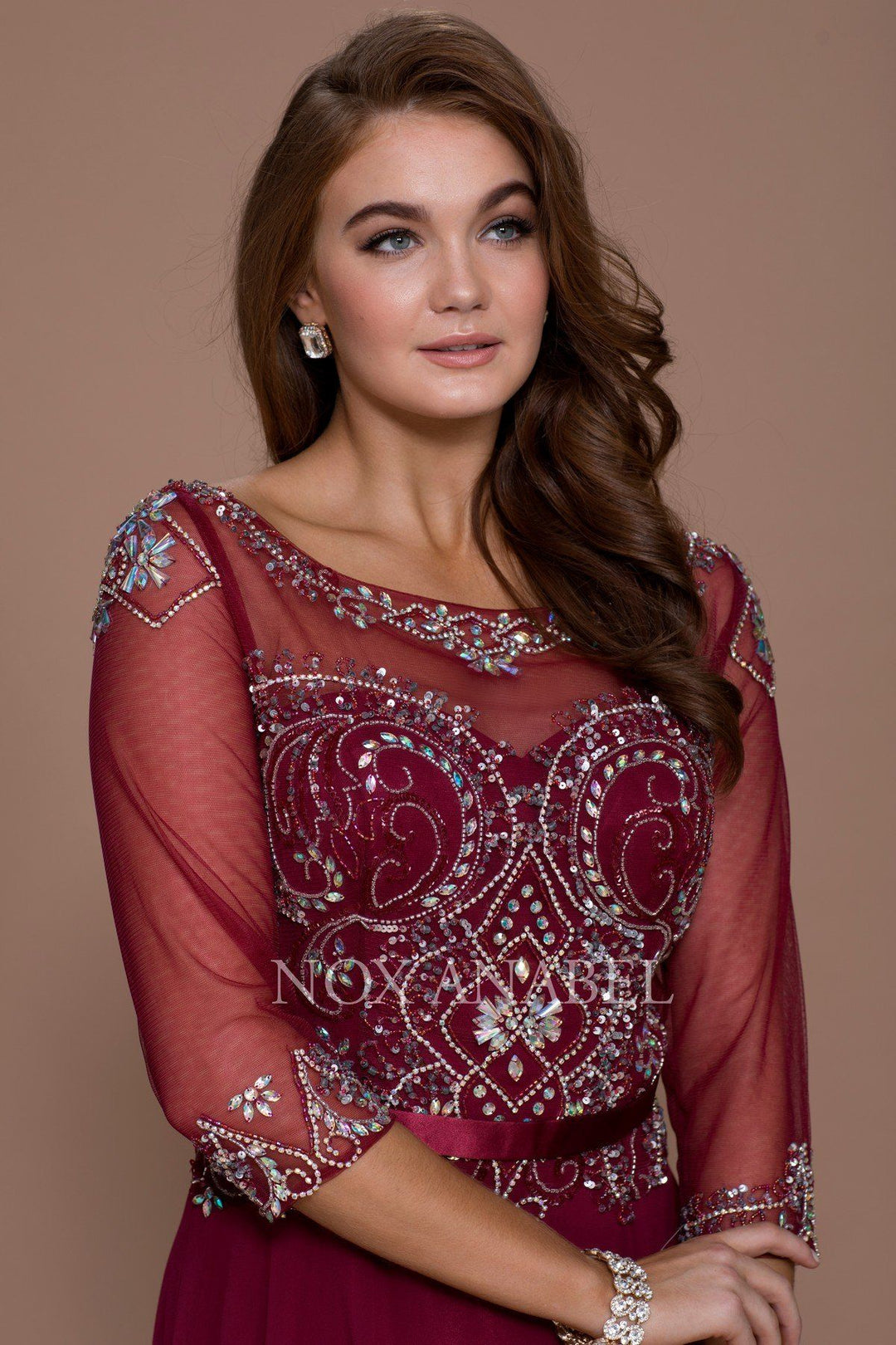 Long Beaded Illusion Dress with Sheer Sleeves by Nox Anabel 5124-Long Formal Dresses-ABC Fashion