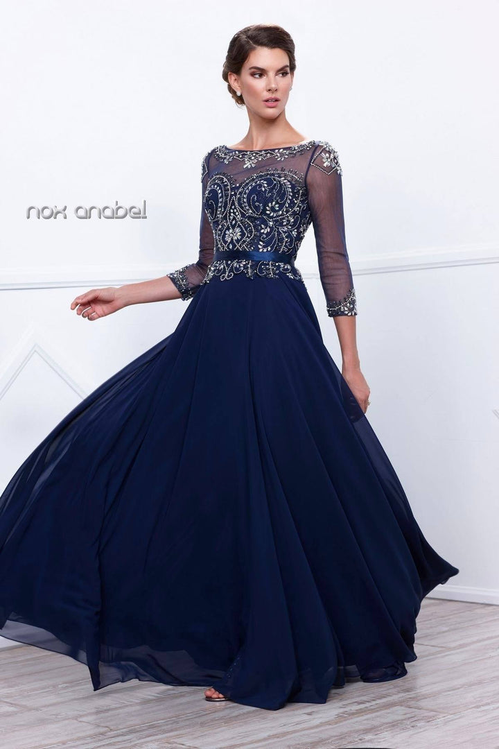 Long Beaded Illusion Dress with Sheer Sleeves by Nox Anabel 5124-Long Formal Dresses-ABC Fashion