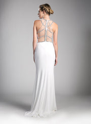 Long Beaded Illusion Dress with Slit by Cinderella Divine CD0115-Long Formal Dresses-ABC Fashion