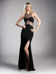Long Beaded Illusion Dress with Slit by Cinderella Divine CD0115-Long Formal Dresses-ABC Fashion