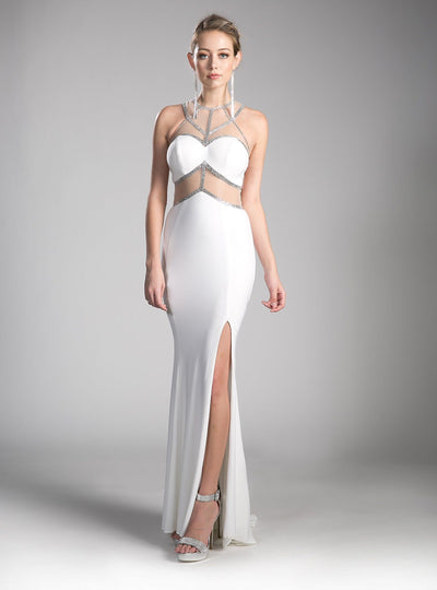 Long Beaded Illusion Dress with Slit by Cinderella Divine CD0115-Long Formal Dresses-ABC Fashion