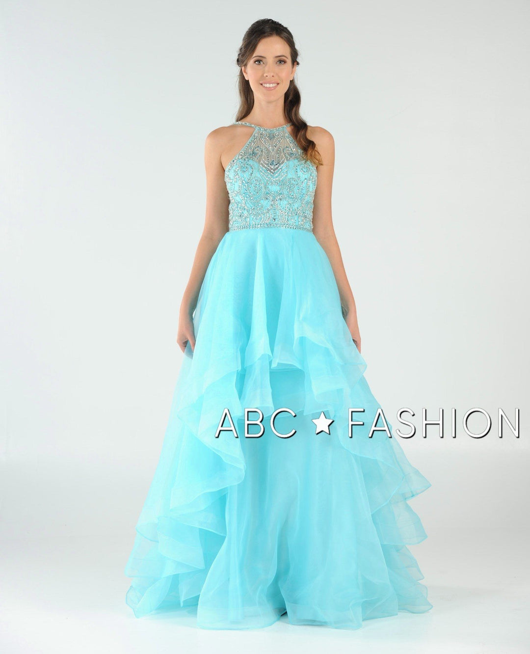 Long Beaded Illusion Dress with Tiered Skirt by Poly USA 8016-Long Formal Dresses-ABC Fashion