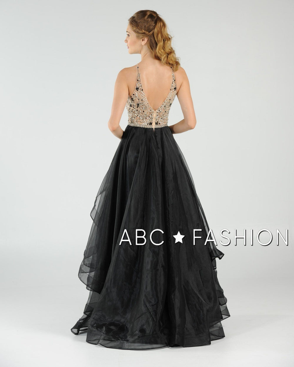 Long Beaded Illusion Dress with Tiered Skirt by Poly USA 8016-Long Formal Dresses-ABC Fashion