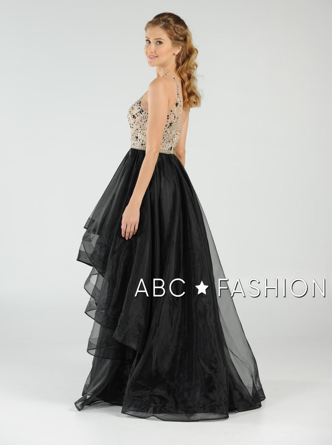 Long Beaded Illusion Dress with Tiered Skirt by Poly USA 8016-Long Formal Dresses-ABC Fashion