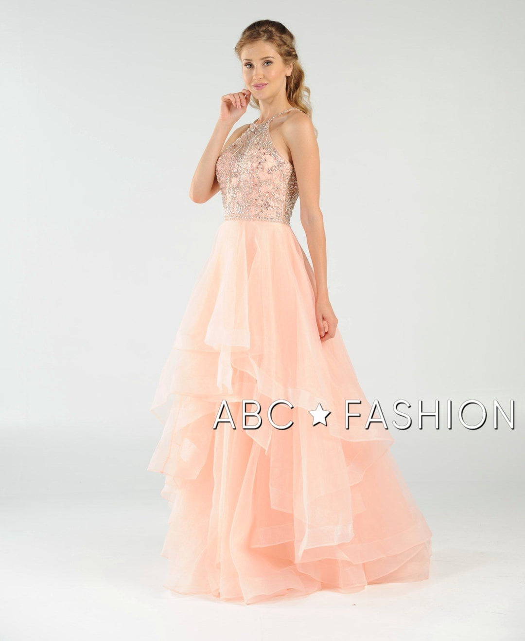 Long Beaded Illusion Dress with Tiered Skirt by Poly USA 8016-Long Formal Dresses-ABC Fashion