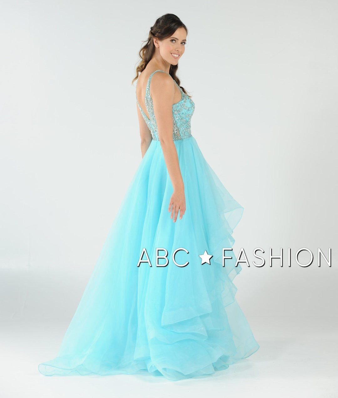 Long Beaded Illusion Dress with Tiered Skirt by Poly USA 8016-Long Formal Dresses-ABC Fashion