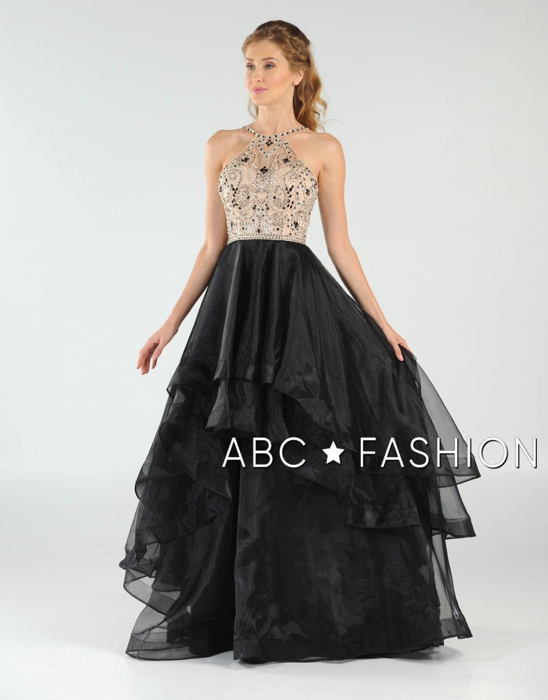 Long Beaded Illusion Dress with Tiered Skirt by Poly USA 8016-Long Formal Dresses-ABC Fashion