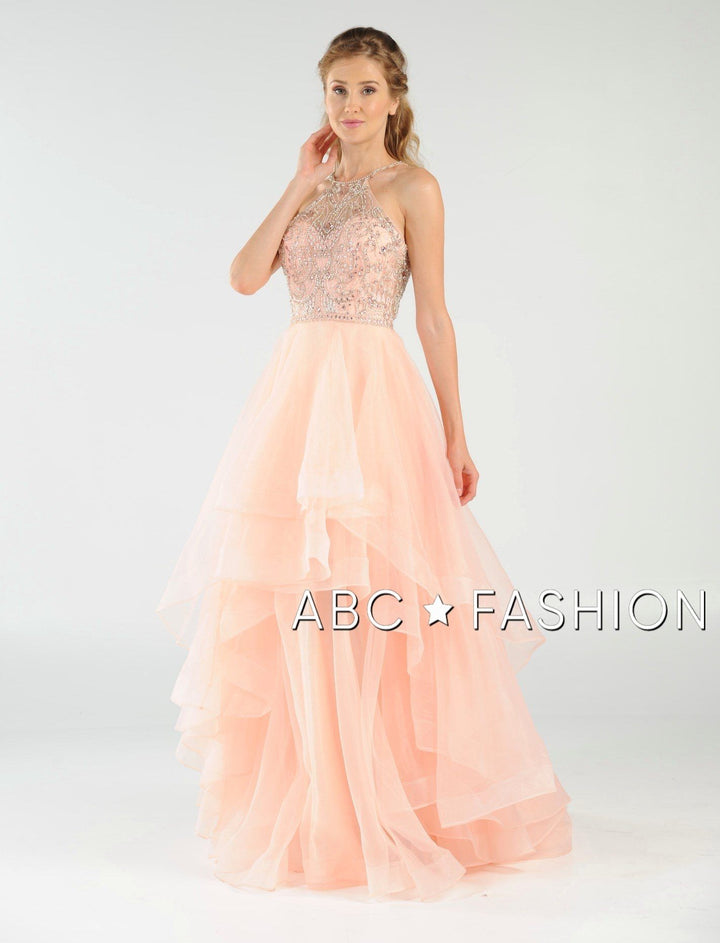 Long Beaded Illusion Dress with Tiered Skirt by Poly USA 8016-Long Formal Dresses-ABC Fashion