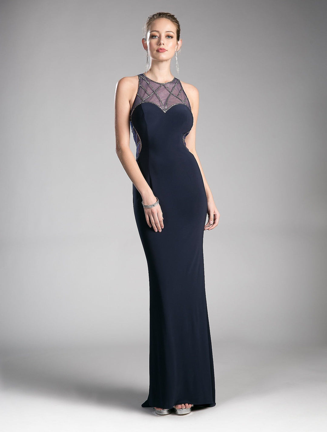 Long Beaded Illusion Formal Dress by Cinderella Divine CD0116-Long Formal Dresses-ABC Fashion