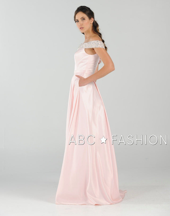 Long Beaded Off the Shoulder Dress with Pockets by Poly USA 8242-Long Formal Dresses-ABC Fashion