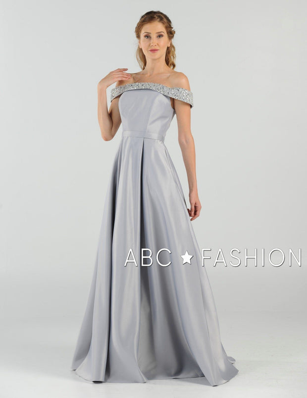 Long Beaded Off the Shoulder Dress with Pockets by Poly USA 8242-Long Formal Dresses-ABC Fashion