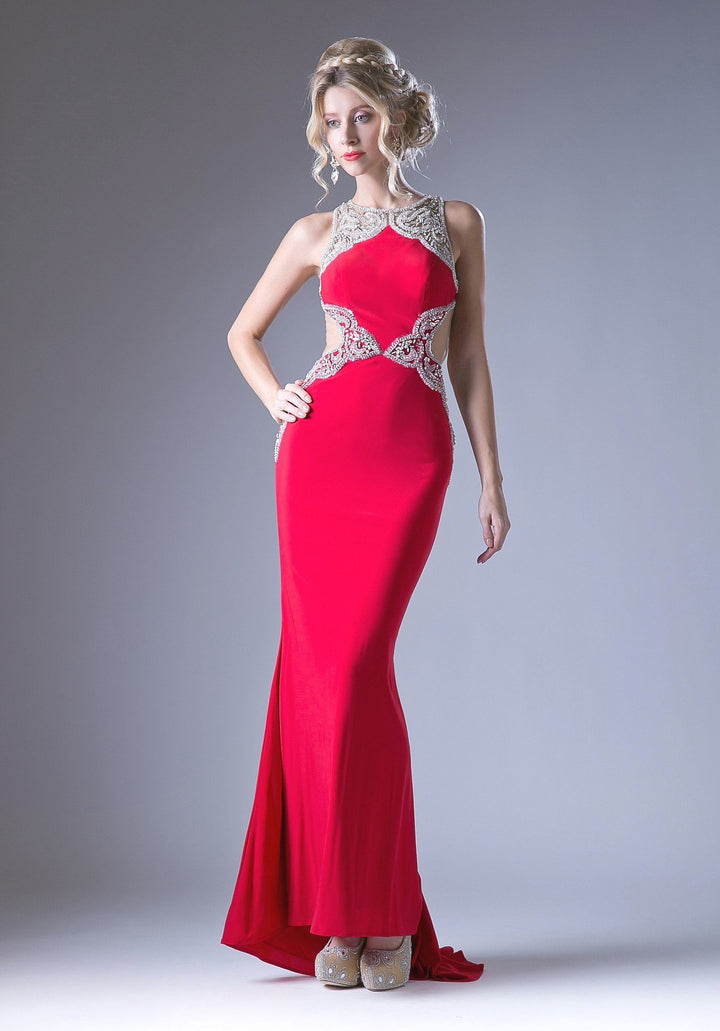 Long Beaded Open Back Dress by Cinderella Divine ML8-Long Formal Dresses-ABC Fashion