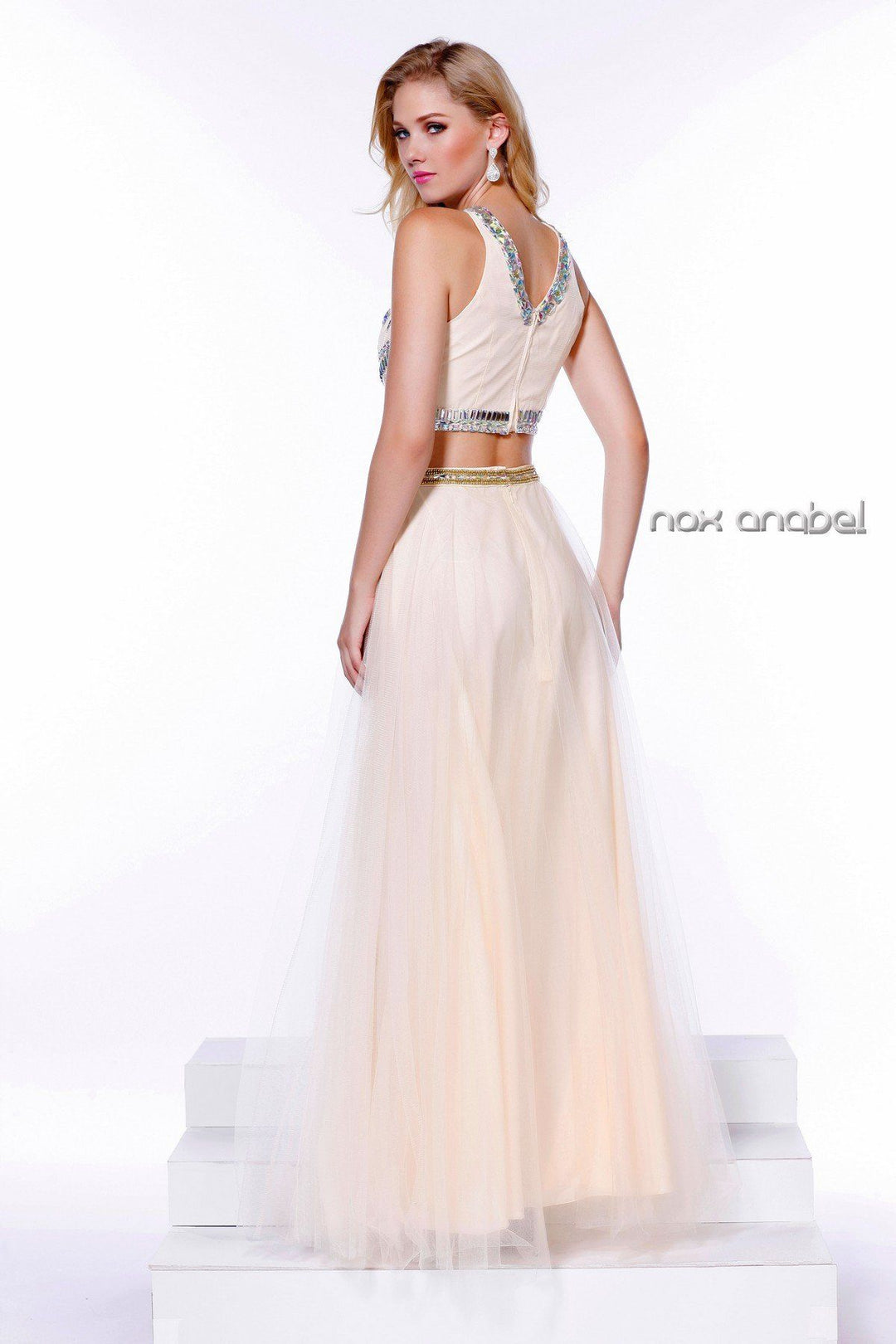 Long Beaded Sleeveless Crop Top Dress by Nox Anabel 8162-Long Formal Dresses-ABC Fashion